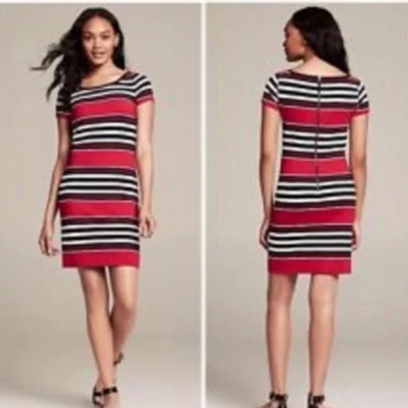 banana republic red striped dress Banana Republic Women Dress Size PXS Red Striped V Neck Mock Wrap Classic Sheath